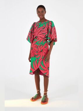 FARM Rio Pink & Green Floral Banana Pitta Puff Sleeve Blouse Size Small